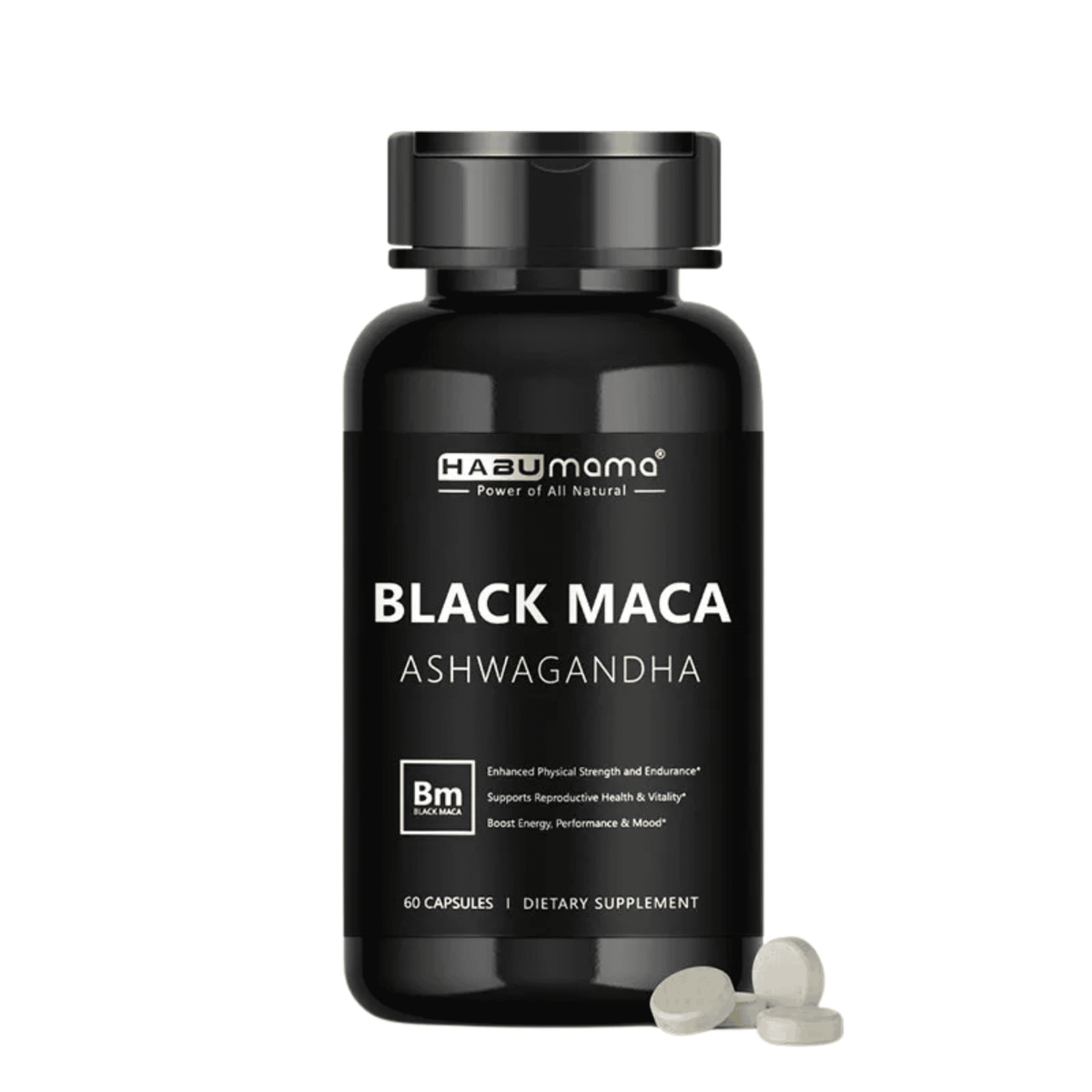 Black Maca and Ashwagandha supplement bottle – bb’s essentials
